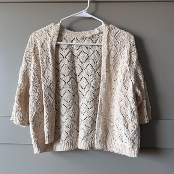 Anthropologie Moth Open Cardigan Womens Medium Beige Half Sleeve Crochet Knit - Picture 1 of 8